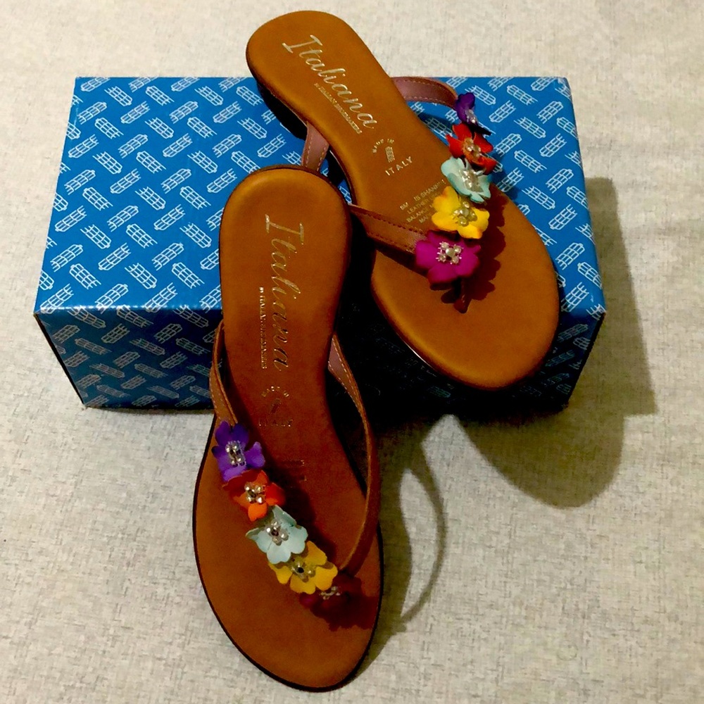 ITALIANA LEATHER EMBELLISHED FLOWER SANDALS